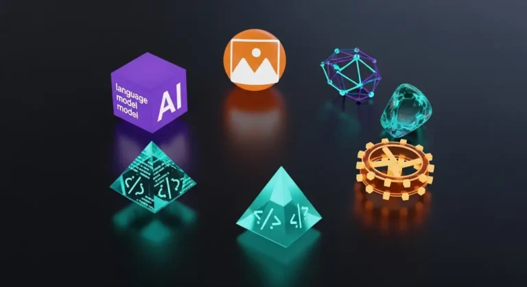 Ecosistema de inteligencia artificial con objetos 3D que representan las principales herramientas tecnológicas actuales