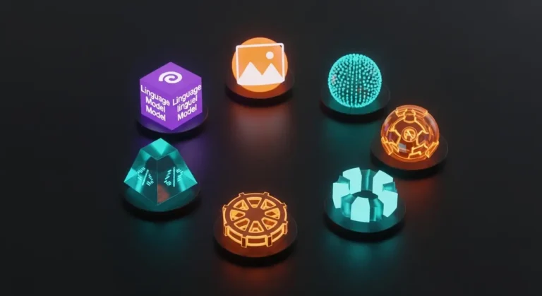 Conjunto de herramientas de inteligencia artificial representadas como objetos 3D brillantes: modelo de lenguaje, generación de imagen, código y automatización