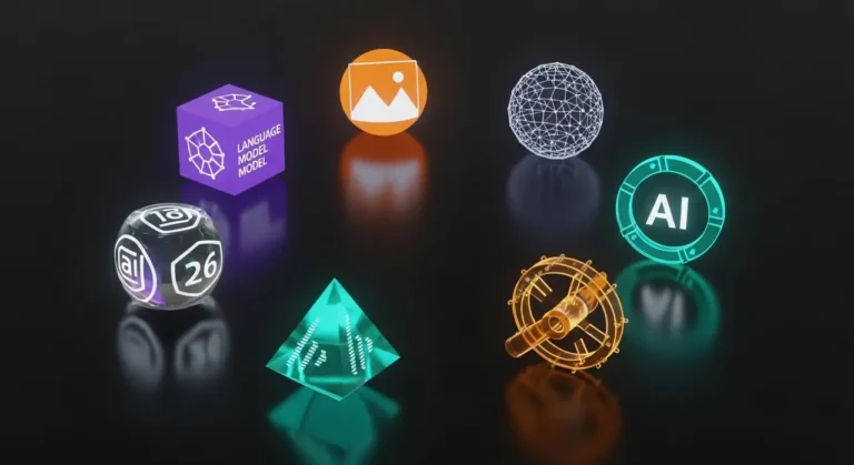 Ecosistema de inteligencia artificial con objetos 3D que representan las principales herramientas tecnológicas actuales