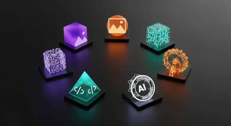 Colección visual de herramientas IA: cubo LLM morado, esfera de imágenes naranja, pirámide de código teal sobre fondo oscuro