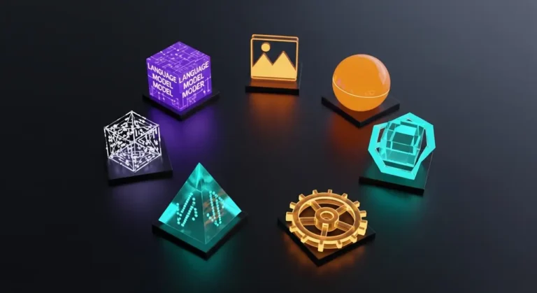 Ecosistema de inteligencia artificial con objetos 3D que representan las principales herramientas tecnológicas actuales