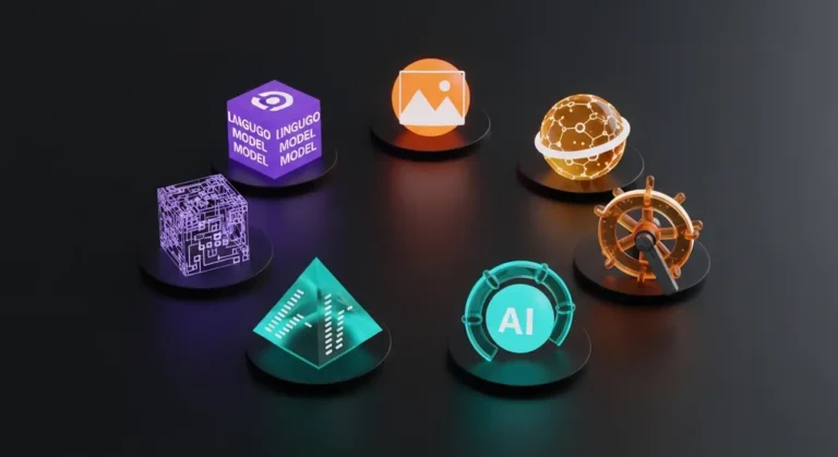 Colección visual de herramientas IA: cubo LLM morado, esfera de imágenes naranja, pirámide de código teal sobre fondo oscuro