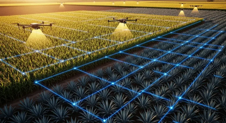 Granja inteligente del futuro en México con invernaderos tecnológicos, paneles solares y agricultor supervisando al amanecer