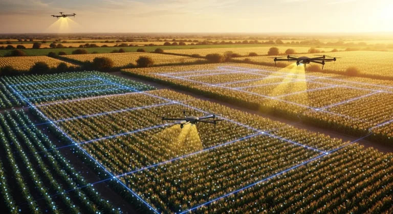 Drones agrícolas con IA sobrevolando cultivos de agave en México con grid de datos de precisión proyectado sobre el campo