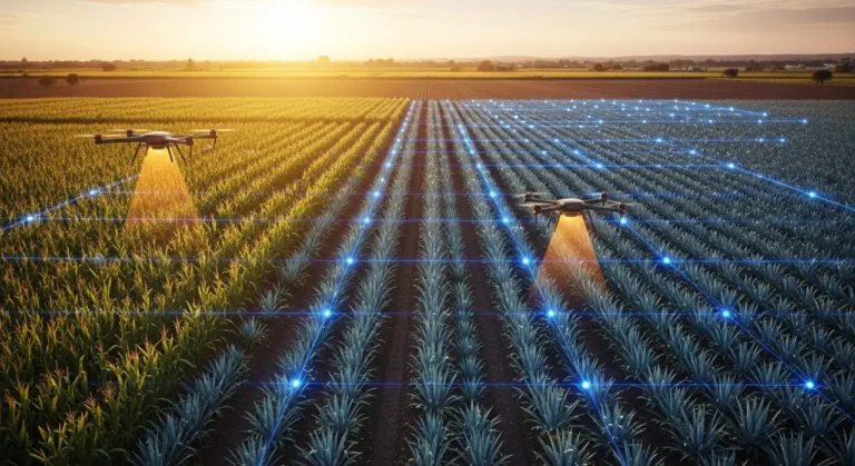 Granja inteligente del futuro en México con invernaderos tecnológicos, paneles solares y agricultor supervisando al amanecer
