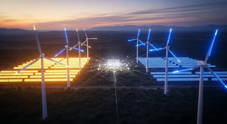 Turbina eólica offshore en aguas oscuras con sistema de monitoreo por IA y visualización submarina de cables de energía