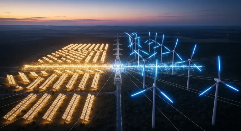 Gran parque solar y eólico con inteligencia artificial optimizando la distribución de energía renovable desde el aire