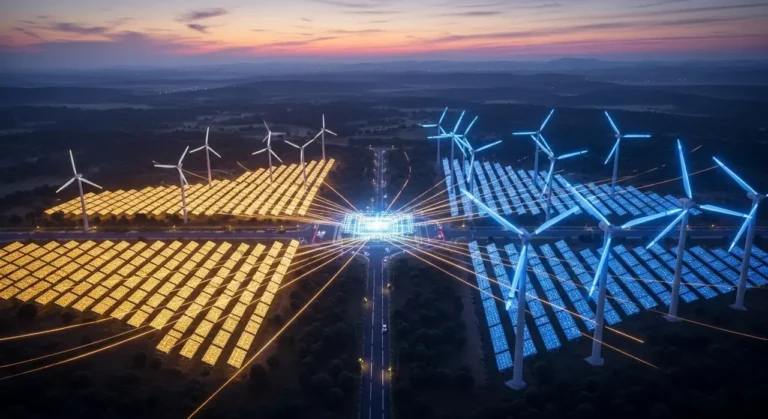 Turbina eólica offshore en aguas oscuras con sistema de monitoreo por IA y visualización submarina de cables de energía