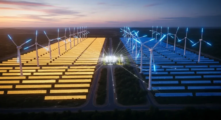 Gran parque solar y eólico con inteligencia artificial optimizando la distribución de energía renovable desde el aire