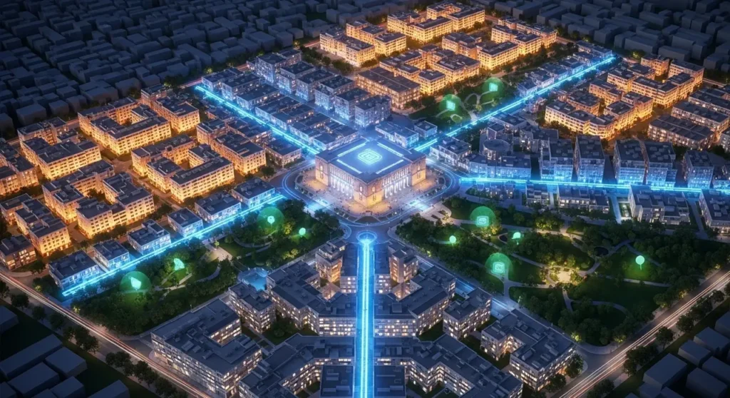 Vista aérea de ciudad inteligente con flujos de datos azules entre edificios y chip de IA central iluminado de noche