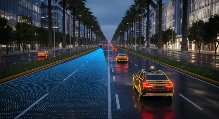 Automóvil de lujo con sistema de IA mostrando sensores, powertrain y navegación integrados con red neuronal digital