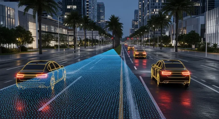 Automóvil de lujo con sistema de IA mostrando sensores, powertrain y navegación integrados con red neuronal digital