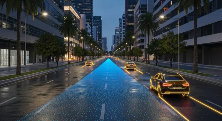 Flota de vehículos autónomos guiados por IA en avenida urbana con sistema de navegación colaborativa