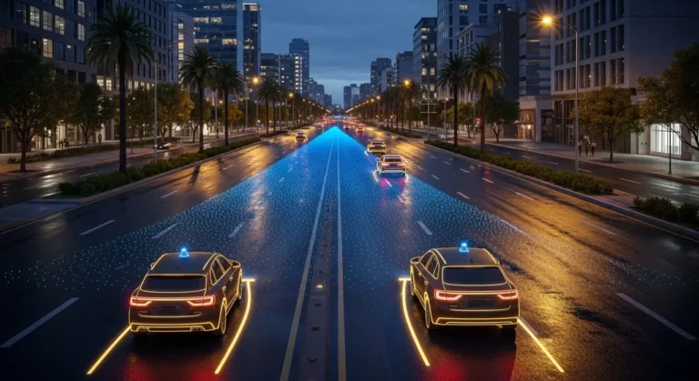 Vehículo autónomo con trayectoria de luz teal navegando avenida nocturna de ciudad inteligente con palmeras y edificios modernos