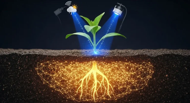 Granja inteligente del futuro en México con invernaderos tecnológicos, paneles solares y agricultor supervisando al amanecer