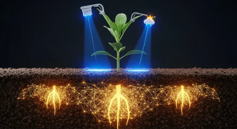Granja inteligente del futuro en México con invernaderos tecnológicos, paneles solares y agricultor supervisando al amanecer