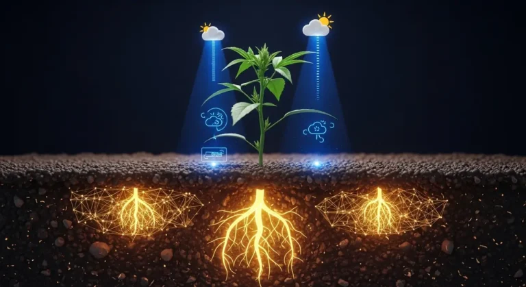 Planta monitoreada por sensores de IA con raíces mostrando red neuronal dorada bajo la tierra en agricultura de precisión