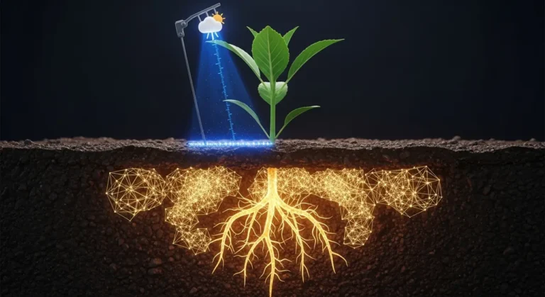Granja inteligente del futuro en México con invernaderos tecnológicos, paneles solares y agricultor supervisando al amanecer