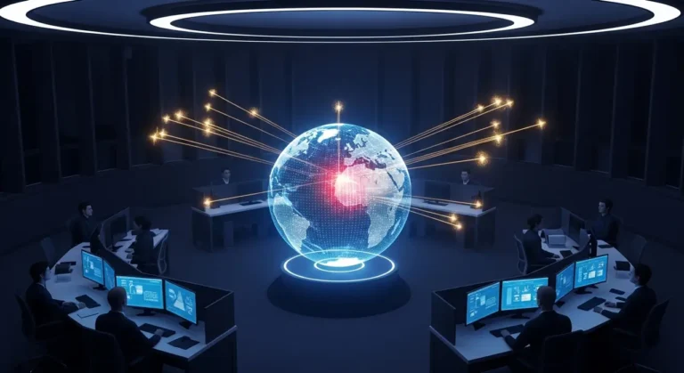 Fortaleza digital protegida por anillos de energía azul con nodos de seguridad dorados contra ciberataques