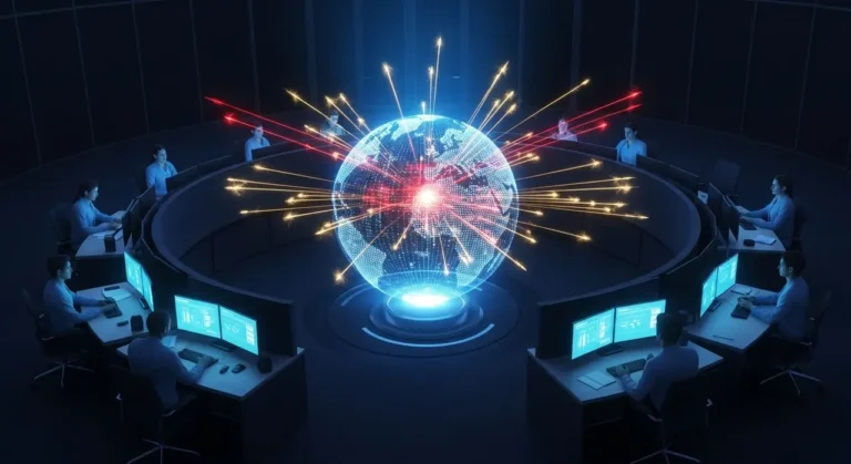 Centro de operaciones de ciberseguridad con globo holográfico mostrando ataques en tiempo real detectados por IA