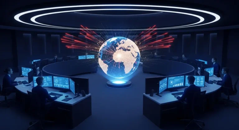 Fortaleza digital protegida por anillos de energía azul con nodos de seguridad dorados contra ciberataques