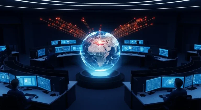 Centro de operaciones de ciberseguridad con globo holográfico mostrando ataques en tiempo real detectados por IA