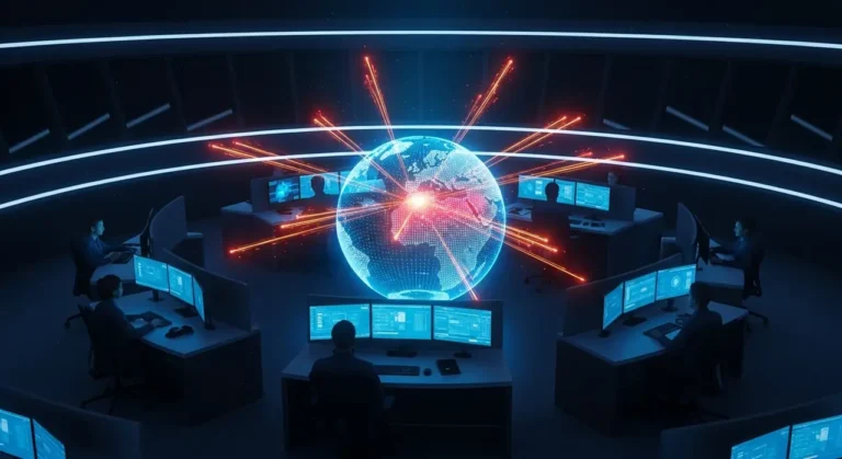 Fortaleza digital protegida por anillos de energía azul con nodos de seguridad dorados contra ciberataques