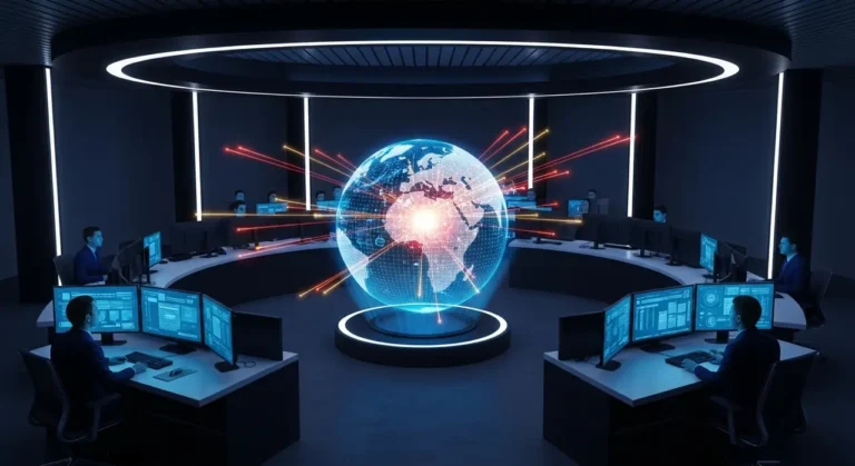 Centro de operaciones de ciberseguridad con globo holográfico mostrando ataques en tiempo real detectados por IA