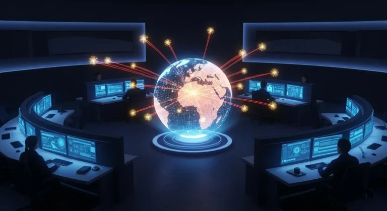 Fortaleza digital protegida por anillos de energía azul con nodos de seguridad dorados contra ciberataques