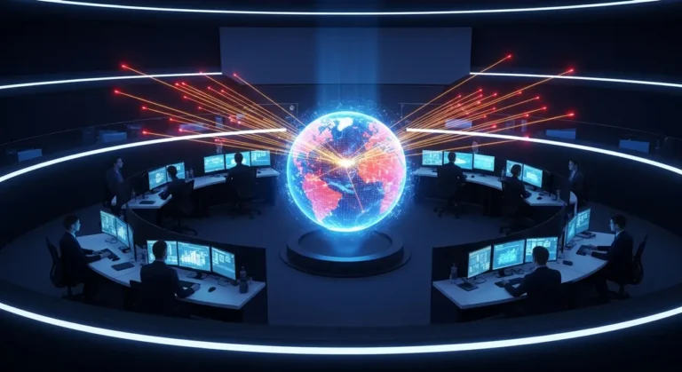 Centro de operaciones de ciberseguridad con globo holográfico mostrando ataques en tiempo real detectados por IA