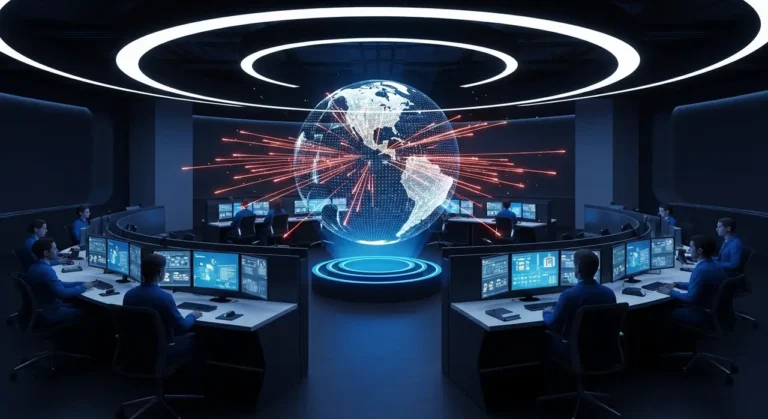 Fortaleza digital protegida por anillos de energía azul con nodos de seguridad dorados contra ciberataques