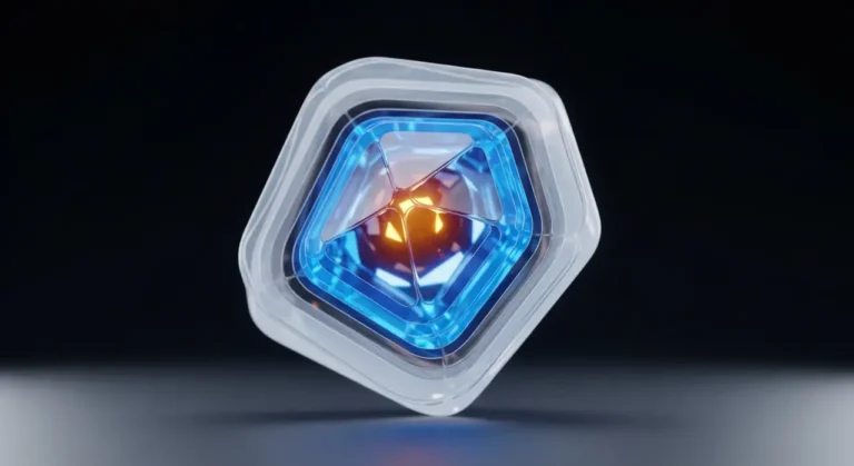 Data crystal: estructura de información multicapa con núcleo de IA irradiando energía en azul y naranja