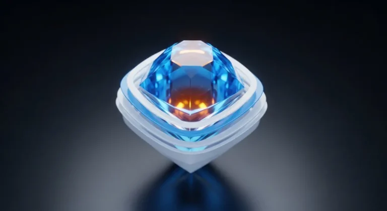 Data crystal: estructura de información multicapa con núcleo de IA irradiando energía en azul y naranja