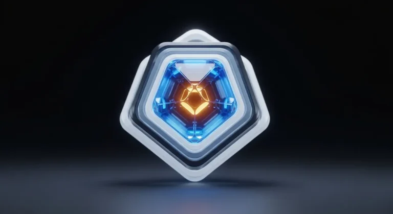 Cristal pentagonal flotante con capas translúcidas concéntricas y núcleo de luz naranja representando estructura de datos protegida por IA