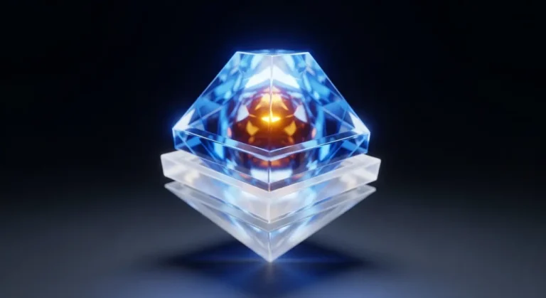 Cristal pentagonal flotante con capas translúcidas concéntricas y núcleo de luz naranja representando estructura de datos protegida por IA