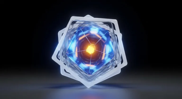 Objeto cristalino futurista con capas de protección de datos azules y núcleo brillante de inteligencia artificial