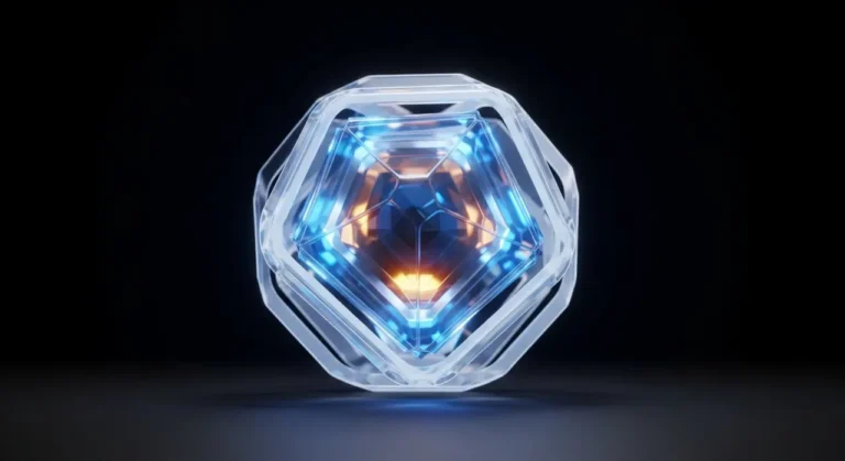 Objeto cristalino futurista con capas de protección de datos azules y núcleo brillante de inteligencia artificial