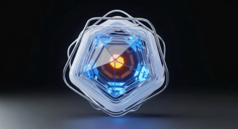 Objeto cristalino futurista con capas de protección de datos azules y núcleo brillante de inteligencia artificial