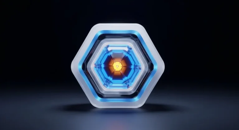Data crystal: estructura de información multicapa con núcleo de IA irradiando energía en azul y naranja