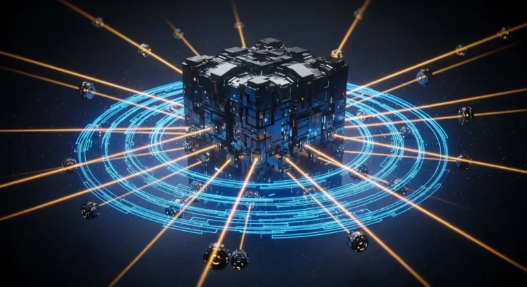 Sistema de detección de amenazas con IA mostrando ojo vigilante sobre superficie hexagonal con alertas rojas en ciberseguridad