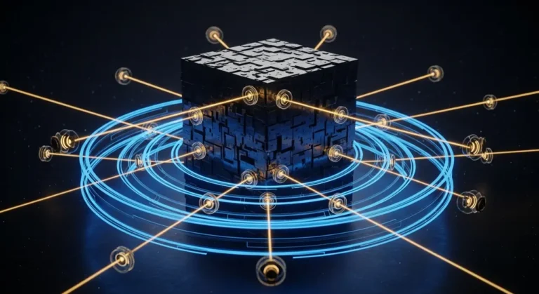 Sistema de detección de amenazas con IA mostrando ojo vigilante sobre superficie hexagonal con alertas rojas en ciberseguridad