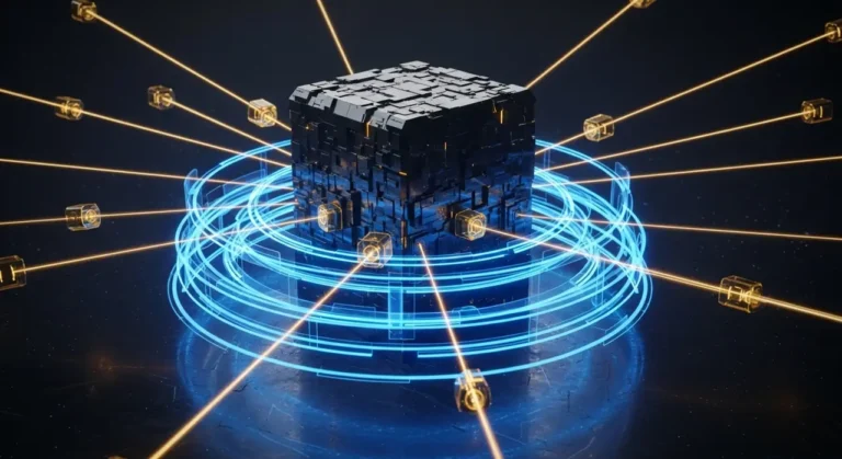 Sistema de detección de amenazas con IA mostrando ojo vigilante sobre superficie hexagonal con alertas rojas en ciberseguridad