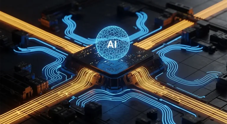Sistema de IA gestionando distribución de energía digital con flujos de datos en diferentes colores sobre fondo de circuito