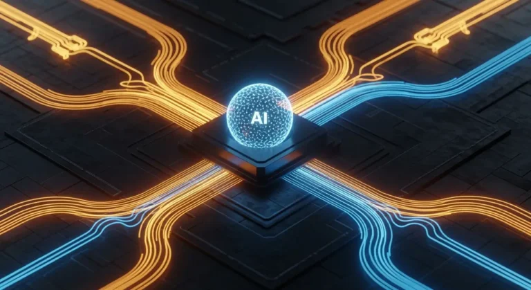 Vista superior de circuito digital con esfera de IA en el centro y flujos de energía naranja y azul cruzando en cuatro direcciones