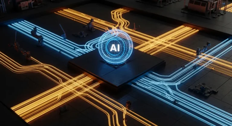 Sistema de IA gestionando distribución de energía digital con flujos de datos en diferentes colores sobre fondo de circuito
