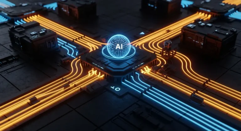Nodo de inteligencia artificial controlando y optimizando flujos de energía en red digital con conexiones en naranja y azul