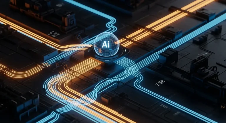 Sistema de IA gestionando distribución de energía digital con flujos de datos en diferentes colores sobre fondo de circuito