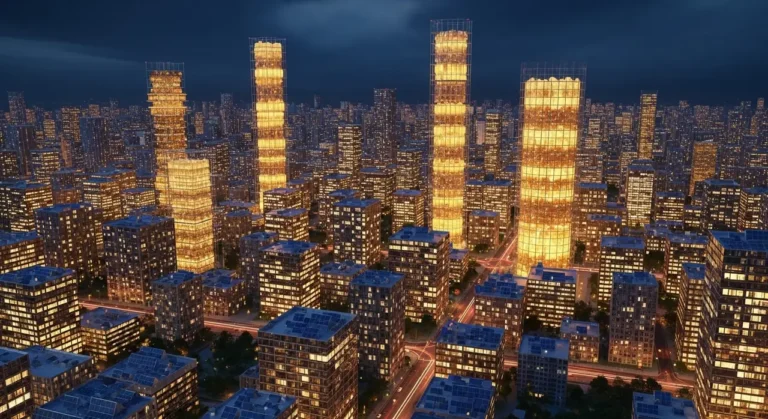 Ejecutivo supervisando ciudad del futuro desde mirador con red de IA visible en los edificios al atardecer