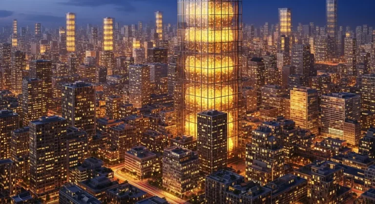 Vista aérea de ciudad inteligente con flujos de datos azules entre edificios y chip de IA central iluminado de noche