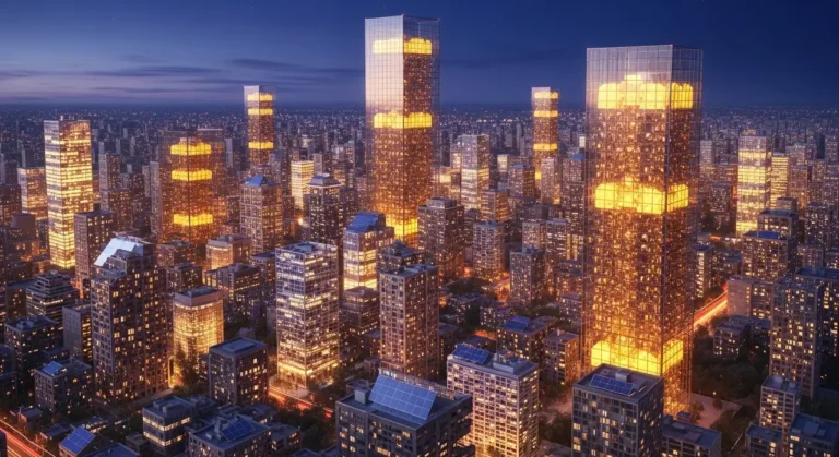 Skyline futurista de ciudad mexicana al amanecer con nodos de inteligencia artificial conectando rascacielos modernos